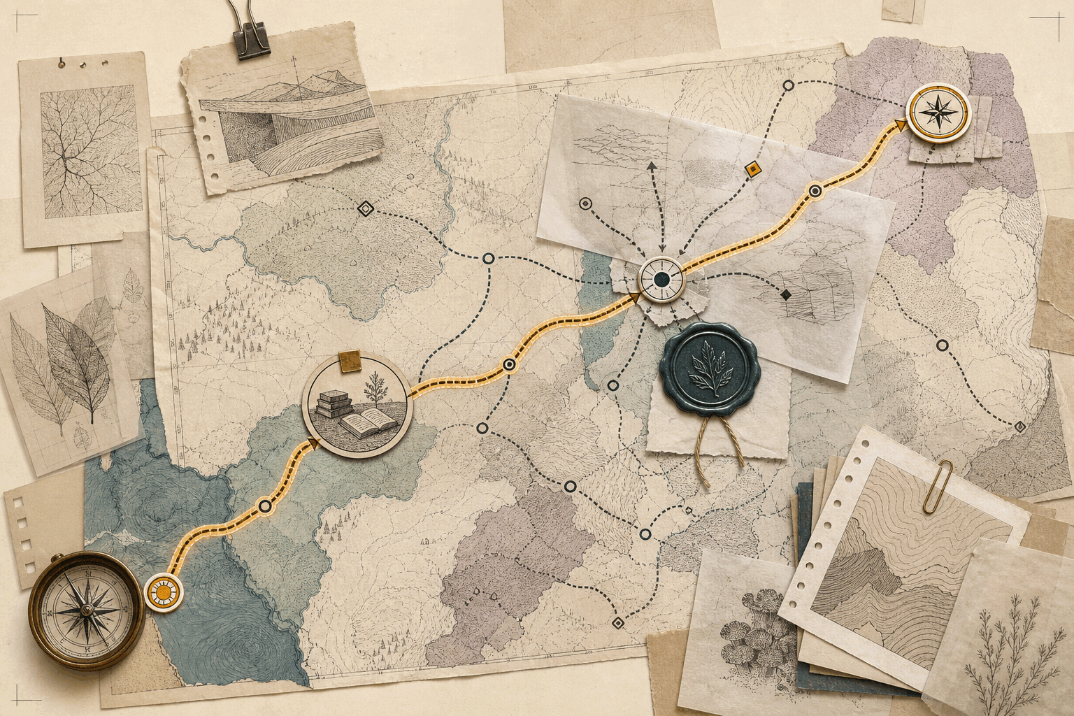 A layered Curio learning atlas with a mission card, provisional map, lesson artifacts, evidence receipts, and a revised route across a cartographer worktable.